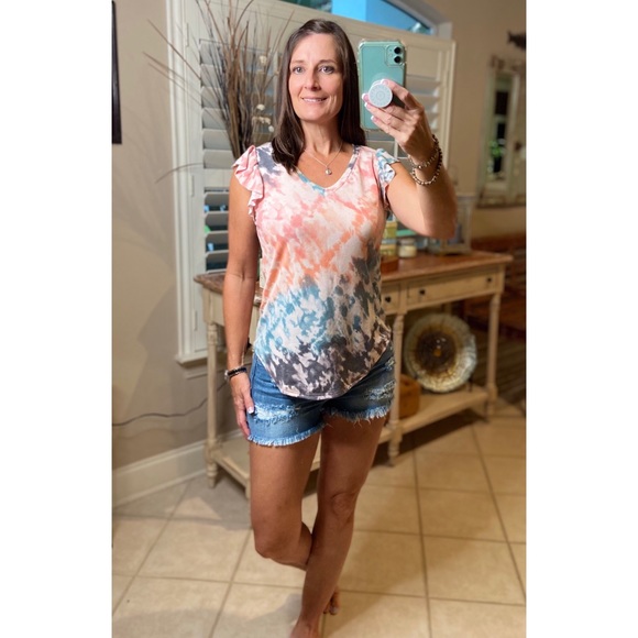 Tie Dye Flutter Ruffle Short Sleeve Coral 3220 - Picture 6 of 6